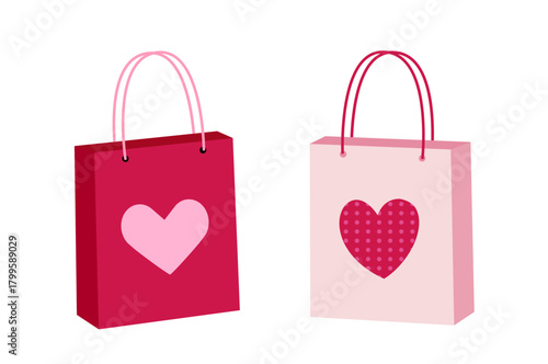 Set of Valentine shopping paper bag flat vector illustration.
Heart-patterned gift bag clipart.
White background.