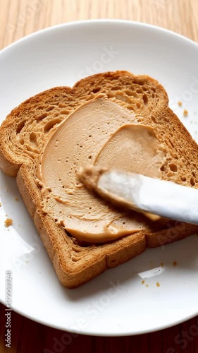 Spreading creamy peanut butter on a slice of toasted bread, a classic and nutritious start to the day or a quick snack