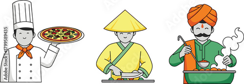 Illustration of international chefs cooking traditional foods, including Italian pizza chef, Asian cook preparing vegetables, and Indian chef serving hot cuisine