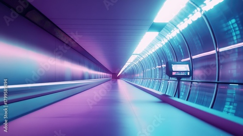 Fototapeta Naklejka Na Ścianę i Meble -  Empty futuristic neon tunnel with moving walkway