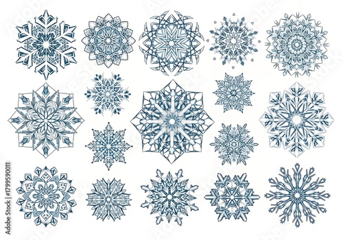 Set of unique blue snowflakes with a hand-drawn style for winter themes.