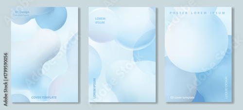 Blue liquid blobs set. Abstract colored spheres in flight or liquid glass. Organic liquid shapes flying. Cover template for banner, brochure ads Vector 3d illustration