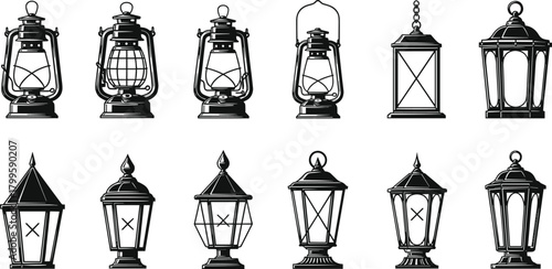 Collection of vintage oil lanterns and classic outdoor lamp silhouettes featuring antique lighting designs, retro kerosene lamps, decorative lantern illustrations