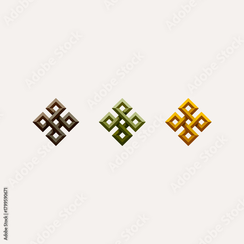 Elegant Endless Knot symbols in brown, green, and gold. Spiritual geometric design representing eternity and interconnectedness.