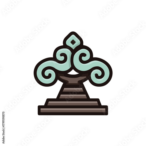 Stylized mystical spiritual symbol icon with ornate swirling patterns, abstract ancient altar illustration for meditation and wisdom