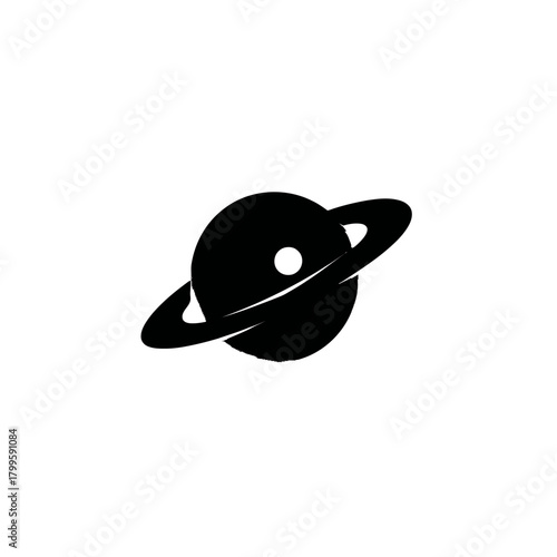Minimalist ringed planet icon. Simple black and white vector symbol representing space, astronomy, cosmos, and celestial bodies.
