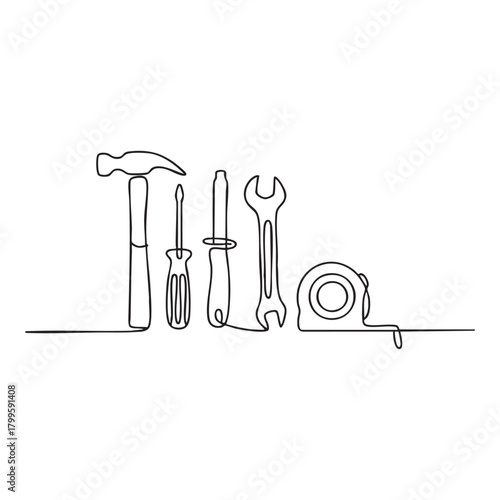 Continuous line drawing of hammer screwdriver wrench and tape measure tools