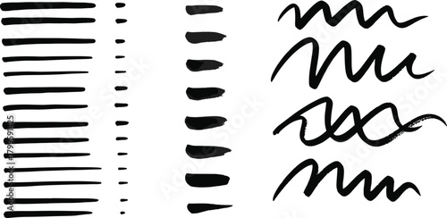 Brush stroke styles, black vector, texture variation, artistic lines, dry brush effect, tapered strokes, wavy marks, design elements