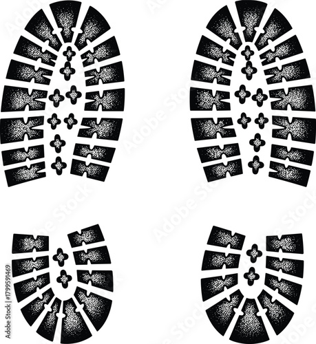 Boot print patterns, sole tread designs, black vector, forensic icon, footwear texture, geometric shapes, shoe sole illustration