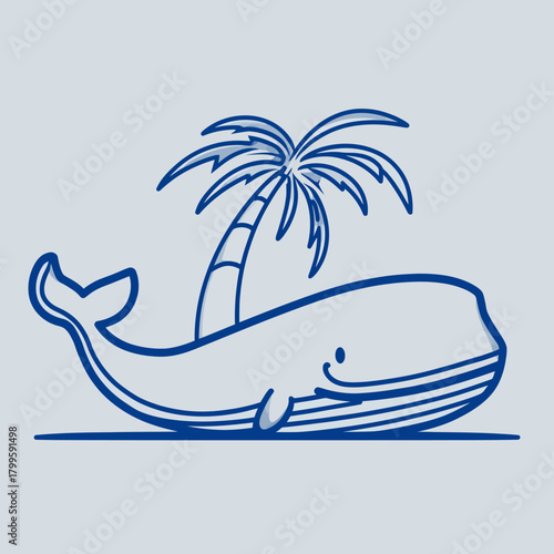 Whimsical cartoon whale with a tropical palm tree on its back, blue line art illustration evoking summer vacation and ocean life