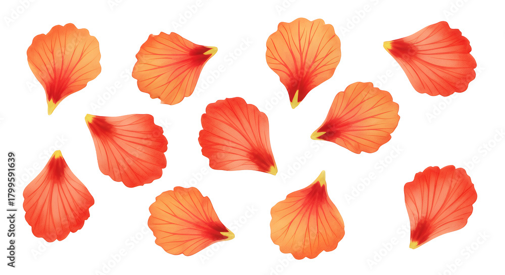 Obraz premium A collection of vibrant orange flower petals scattered across a white background, perfect for floral designs and artistic creations