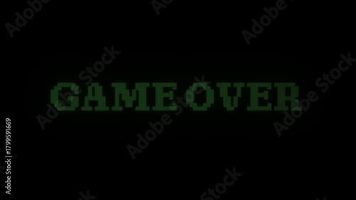 game over with green glowing pixels text animation. 4k resolution.