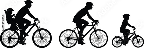 Family cycling silhouette, bike riders, child seat, safety helmets, outdoor activity, black vector, healthy lifestyle, parent-child ride