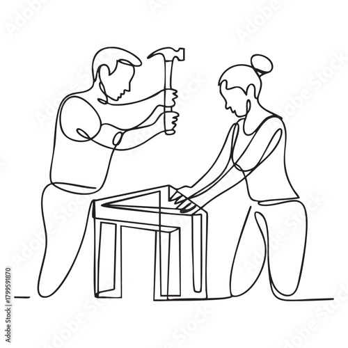 Man and woman building furniture together with hammer and nails one line drawing couple