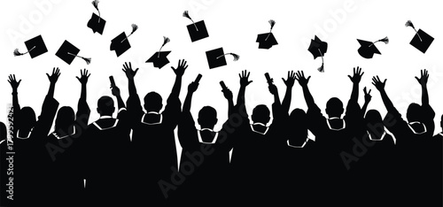 Graduation silhouette, cap toss, academic celebration, student group, black and white vector, success moment, graduate crowd, festive illustration