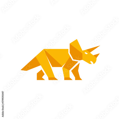 Geometric origami style orange Triceratops dinosaur illustration on white background. Abstract low poly ancient creature design.