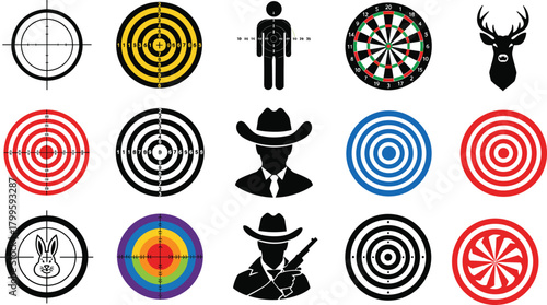 Target and silhouette grid, shooting icons, dartboard, animal and human shapes, colorful vector, crosshair design, practice symbols