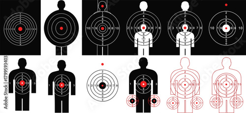 Shooting targets, bullseye silhouettes, firearm practice, scoring zones, human outline, red center, marksmanship design, training vector set