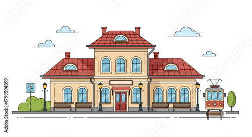 Quaint vintage train station with red roof and waiting tram, perfect for travel blog illustrations or nostalgic design projects, with retro vibe