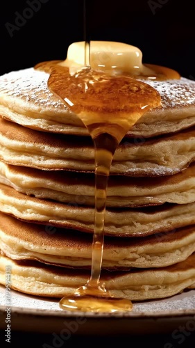 A delicious stack of golden brown pancakes, topped with a pat of butter and dripping with golden syrup, dusted with powdered sugar