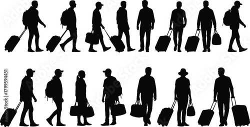 Traveler silhouettes, luggage poses, walking and standing, black vector, airport scene, travel icons, journey illustration, suitcase movement