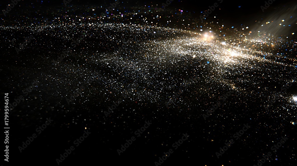 Obraz premium Dark festive atmosphere showing falling colorful confetti illuminated by warm light beams