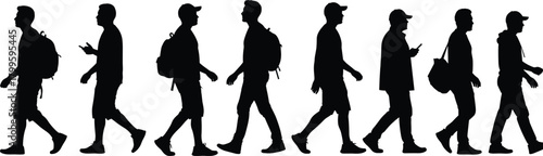 Walking cycle silhouettes, human motion, black figures, animation reference, biomechanics study, casual walk, vector art, motion sequence, loop frame