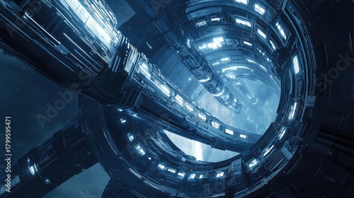 Fototapeta Naklejka Na Ścianę i Meble -  Futuristic space station orbiting planet with advanced technology