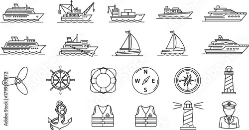Maritime Shipping and Nautical Outline Icon Set Vector