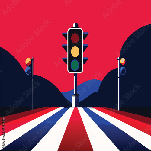 Traffic Lights and Zebra Crossing at Sunset, Graphic Illustration in Striking Red and Blue Color Palette, Urban Safety Concept