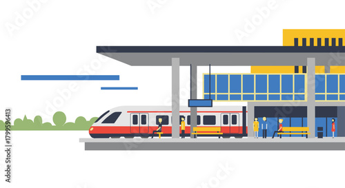 Modern train arriving at contemporary station with waiting passengers and vibrant color scheme for travel and transportation marketing