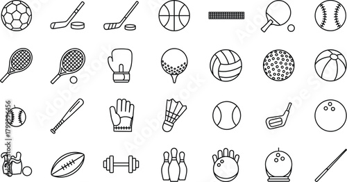 Sports Equipment Balls and Games Outline Icon Set Vector