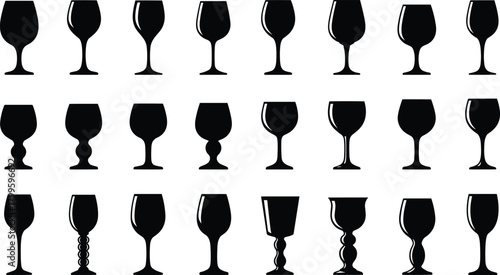 Collection of wine glass silhouettes featuring various stem shapes, elegant goblet designs, cocktail glasses, barware icons, and drinkware illustration elements