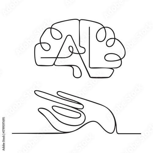 Single line drawing of a human brain above a cupped hand mind thought