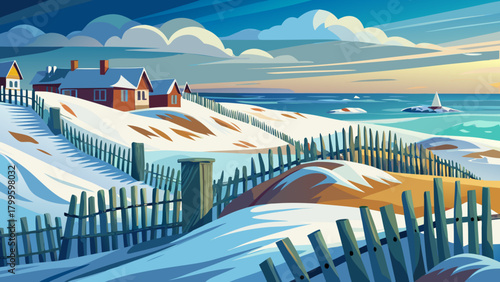 Very beautiful winter coastal scene with snow fences arranged along sandy dunes, showing how they help prevent erosion and protect nearby summer homes in a calm, natural shoreline setting.