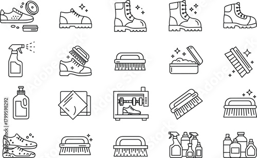 Shoe Cleaning Care and Repair Outline Icon Set Vector