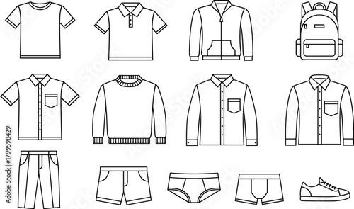 Mens Casual Clothing and Fashion Outline Icon Set Vector