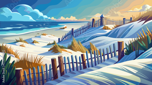 Very beautiful winter coastal scene with snow fences arranged along sandy dunes, showing how they help prevent erosion and protect nearby summer homes in a calm, natural shoreline setting.