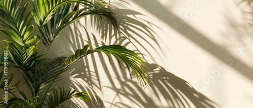 Green palm leaves create soft shadows on a textured off-white wall. Perfect for branding, social media, or tropical product photography.