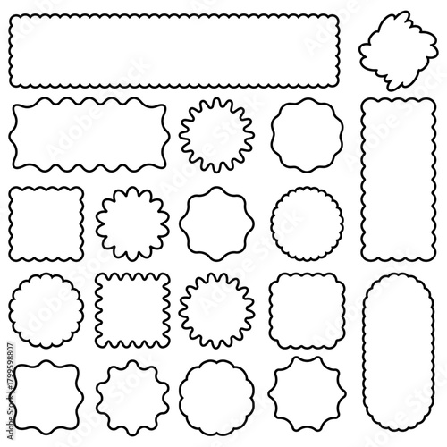 Set oval and round, rectangular and square, arch shapes with curvy edges. Cute geometric forms with scalloped borders.