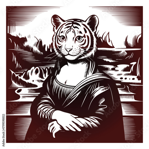 Tiger Mona Lisa portrait in woodcut style with landscape background animal