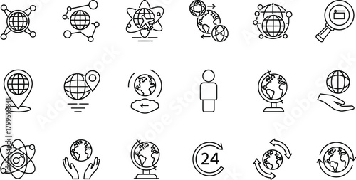 Global Networking World Map and Communication Outline Icon Set Vector