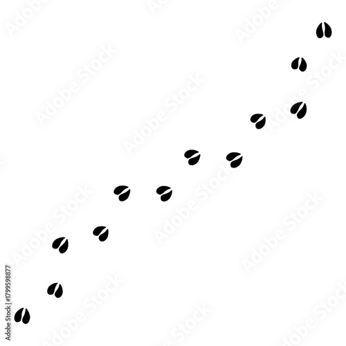 Simple trail of animal hoof prints. This black silhouette graphic shows the curved walking path of an animal with cloven hooves, such as a deer, horse, goat, or pig