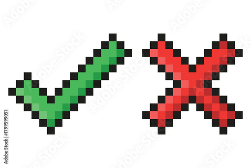Retro pixel art green check and red cross icons for design projects