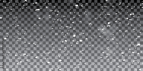 Defocused Snowing on a dark background. Vector heavy snowfall, snowflakes in various shapes and forms. Many white cold flakes elements on a transparent background.