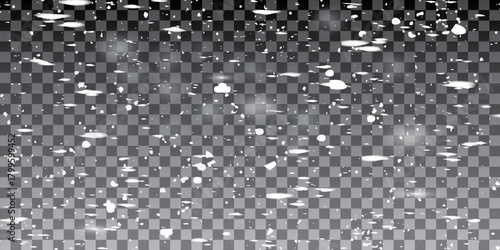 Falling snow on transparent background. Snow and wind. Vector heavy snowfall, snowflakes in various shapes and forms. Many white cold flakes elements on a transparent background.