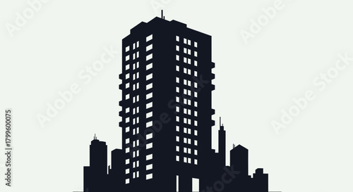 Striking dark silhouette of a modern skyscraper complex against a pale sky, evoking urban dynamism and architectural ambition