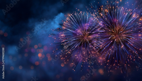 Golden and violet fireworks exploding over dark blue background with floating magical bokeh light effects
