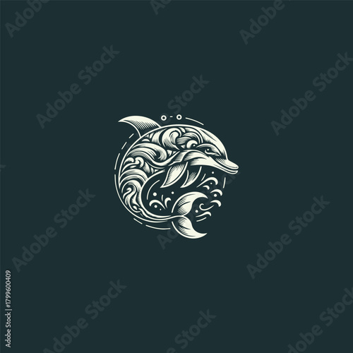 Dolphin Among Waves Vector Logo