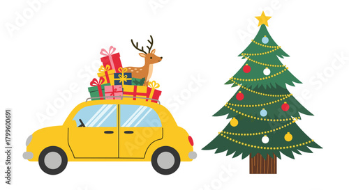 Festive yellow car delivering holiday cheer with reindeer and presents next to decorated Christmas tree ready for joyous celebrations